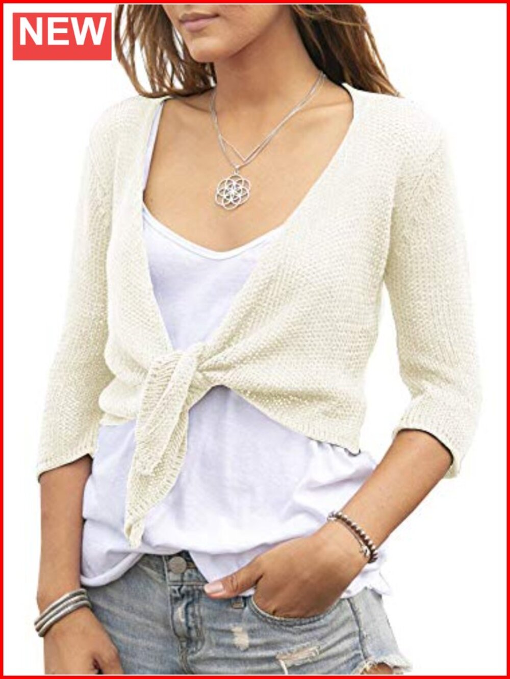 Women's Tie Front Sheer Knit Shrug 3/4 Sleeve Bolero Lightweight Cardigan